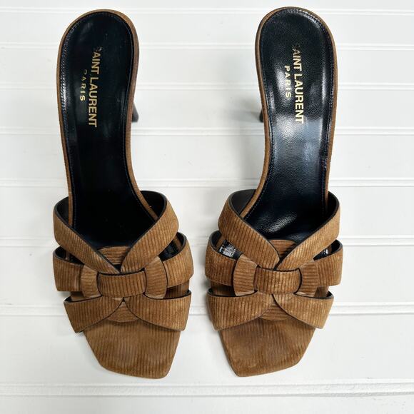 Saint Laurent Tribute 85 Mules Brown Corduroy Woven Heeled Sandals Size 39.5 - Picture 12 of 14